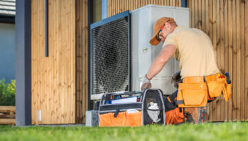 HVAC Technician Worker Fixing Heat Pump at House